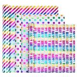WRAPAHOLIC Birthday Wrapping Paper Roll - Mini Roll - 3 Rolls - 17 inch x 120 inch Per roll - Colorful Foil Birthday Design for Party, Holiday, Baby Shower