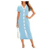 BTFBM Women Casual Summer Dresses Short Sleeve Striped Midi Dresses Decorative Button Ribbed Knit Party Dress(Light Blue,Large)