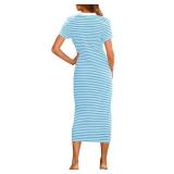BTFBM Women Casual Summer Dresses Short Sleeve Striped Midi Dresses Decorative Button Ribbed Knit Party Dress(Light Blue,Large)