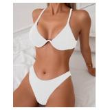 Fanuerg Women Underwire Triangle Bikini Spaghetti Strap Push Up Swimsuit Cheeky Two Piece Bathing Suit White S