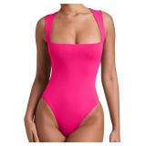 REORIA Womens Sexy Casual Sleeveless Square Neck Tummy Control Thong Bodysuits Tank Tops Sexy Plus Size Neon Rose Red XX-Large