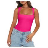 REORIA Womens Sexy Casual Sleeveless Square Neck Tummy Control Thong Bodysuits Tank Tops Sexy Plus Size Neon Rose Red XX-Large