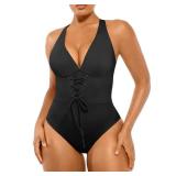 SHAPELLX Slimming Bathing Suits Tummy Control V Neck One Piece Swimsuits for Women with Crisscross Back Black L