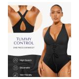 SHAPELLX Slimming Bathing Suits Tummy Control V Neck One Piece Swimsuits for Women with Crisscross Back Black L