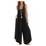Happy Sailed Trendy Jumpsuits for Women Overalls 2025 Summer Sleeveless Ruched V Neck One Piece Jumpsuit Wide Leg Pants Beach Rompers with Pockets Black X-Large