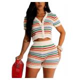 cu4eve Crochet Sets Two Piece Women Summer Causal Knit Short Sleeve Button Down Shirt and Shorts Matching Set Jumpsuit XL