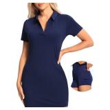 Hiverlay Golf Dresses for Women with Shorts and Pockets, V-Neck Short Sleeve Tennis Dress, Workout Athletic Dresses Navy Large