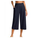 SANTINY Capri Pants for Women Wide Leg Yoga Casual Cropped Pants with Pockets Loose Tummy Control High Waist Capris (Navy_L)