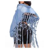 RINTONIX Womens Loose Long Fringe Distressed Denim Jacket Cropped Button Down Ripped Back Knotted Jean Coat(BE-3XL)