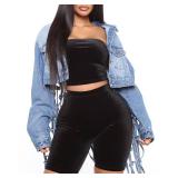 RINTONIX Womens Loose Long Fringe Distressed Denim Jacket Cropped Button Down Ripped Back Knotted Jean Coat(BE-3XL)