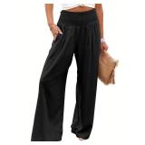 ANRABESS Women Linen Palazzo Pants Summer Boho Wide Leg High Waist Casual Lounge Pant 2025 Beach Travel Vacation Outfits Black Medium