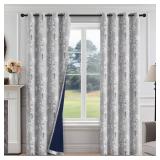 FMFUNCTEX 100% Blackout Floral Curtains for Bedroom, Grey Curtains 90 inches Long Blossom Flower Patterned for Living Room,Thermal Insulated Farmhouse Drapes, Grommet Top 2 Panels (White on Grey)