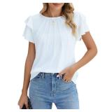 Blooming Jelly Womens Dressy Casual Tops Ruffle Short Sleeve V Neck Shirts Elegant Business Work Blouse(Small,White)