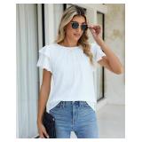 Blooming Jelly Womens Dressy Casual Tops Ruffle Short Sleeve V Neck Shirts Elegant Business Work Blouse(Small,White)