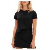 EXLURA Womens Summer 2 Piece Short Skirt Sets Short Sleeve Tshirt Matching Tennis Skort Cotton Airport Travel Vacation Outfit Large