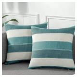 AmHoo Pack of 2 Farmhouse Stripe Check Throw Pillow Covers Set Case Cotton Linen Decorative Pillowcases Cushion Cover for Couch Bench Sofa 20x20Inch Teal Blue
