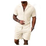 UOUA 2 Piece Short Sets for Men Summer Beach Outfits Stripe Texture Button Down Shirts & Shorts Casual Vacation Set Beige XL
