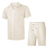 UOUA 2 Piece Short Sets for Men Summer Beach Outfits Stripe Texture Button Down Shirts & Shorts Casual Vacation Set Beige XL