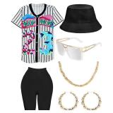 80s 90s Outfit for Women, Unisex Hip Hop Costume Baseball Jersey Shirt Yoga Pants Bucket Hat Gold Chain Rapper Accessories XL