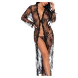BIGFOX Lingerie for Women Sexy, Lace Mesh Night Gown Set Includes Kimono Sheer Robe and Pant, Bridal, Maternity&Lounge Cover up, Swimwear, Negligee (Black, Large)