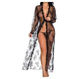 BIGFOX Lingerie for Women Sexy, Lace Mesh Night Gown Set Includes Kimono Sheer Robe and Pant, Bridal, Maternity&Lounge Cover up, Swimwear, Negligee (Black, Large)