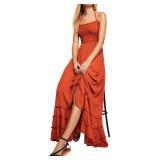R.Vivimos Womens Summer Boho Sexy Backless Long Dresses (Small, Orange)