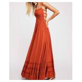 R.Vivimos Womens Summer Boho Sexy Backless Long Dresses (Small, Orange)