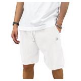 PLEPAN Mens Corduroy Shorts Casual 7 Inch Inseam Elastic Waist Drawstring Summer Beach Short White Large