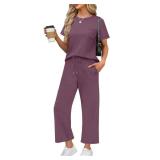 WIHOLL Beach Vacation Clothes for Women 2 Piece Travel Airport Outfits Fashion 2025 Comfy Summer Matching Sets Women Clothing Tropical Wide Leg Pants Lounge Sets Pjs Dark Purple M