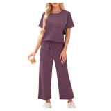 WIHOLL Beach Vacation Clothes for Women 2 Piece Travel Airport Outfits Fashion 2025 Comfy Summer Matching Sets Women Clothing Tropical Wide Leg Pants Lounge Sets Pjs Dark Purple M