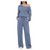 Casly Lamiit Jumpsuits for Women Business Casual Fall Trendy Outfits Sexy Off Shoulder One Piece Romper Wide Leg Pants Jumper Lightweight Comfy Work Loungewear Blue Grey L