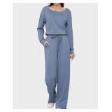 Casly Lamiit Jumpsuits for Women Business Casual Fall Trendy Outfits Sexy Off Shoulder One Piece Romper Wide Leg Pants Jumper Lightweight Comfy Work Loungewear Blue Grey L