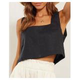 IDEALSANXUN Linen Crop Tank Tops for Women Summer 2026 Spring Outfits Clothes Casual Cute Cropped Sleeveless Shirts Vest Tops, Black, S