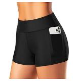 Zmart Women 3\" Swim Shorts High Waisted Boy Short Swim Bathing Suit Bottoms Swimsuit Board Shorts UPF 50+ with Pockets Black L