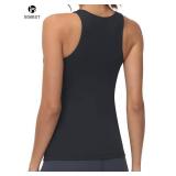 High Neck Workout Tank Tops Sports Bras for Women Full Coverage Tank with Built-in Shelf Bras Racerback Yoga Gym Shirt Black Medium
