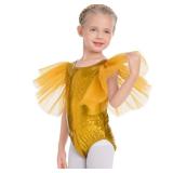 IBAKOM Toddler Ballet Leotard for Girls Shiny Metallic Big Flutter Sleeve Dance Halloween Dress Up Outfits Teen Girl Gymnastics Camisole Leotards Kids Acrobat Ballerina Costume Yellow 9-10 Years