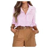siliteelon Button Down Dress Shirts for Women Striped Shirts Long Sleeve Casual Collared Office Work Shirt with Pocket Pink and White Medium