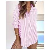 siliteelon Button Down Dress Shirts for Women Striped Shirts Long Sleeve Casual Collared Office Work Shirt with Pocket Pink and White Medium