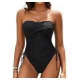 Yonique Tummy Control One Piece Swimsuit - Strapless Bandeau Bathing Suits for Women 2025 Cheeky High Cut Swimwear Black X-Large