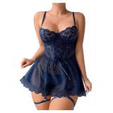Lilosy Plus Size Curvy Sexy Garter Belt Mesh Lace Babydoll Lingerie Dress Set with Thong Women Floral NightDress Nightwear Cute Underwire Push Up Corset Outfit Sheer Slip Navy Blue 3X-Large