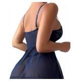 Lilosy Plus Size Curvy Sexy Garter Belt Mesh Lace Babydoll Lingerie Dress Set with Thong Women Floral NightDress Nightwear Cute Underwire Push Up Corset Outfit Sheer Slip Navy Blue 3X-Large