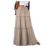 Yanhalo Womens High Waist A Line Ruffle Swing Long Maxi Skirt Apricot Medium