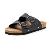 FITORY Womens Flat Sandals with Cork Footbed, Open Toe Slides Adjustable Slip On Slippers for Summer Black Size 11