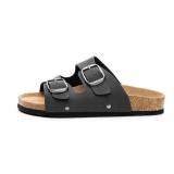 FITORY Womens Flat Sandals with Cork Footbed, Open Toe Slides Adjustable Slip On Slippers for Summer Black Size 11