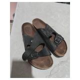 FITORY Womens Flat Sandals with Cork Footbed, Open Toe Slides Adjustable Slip On Slippers for Summer Black Size 11