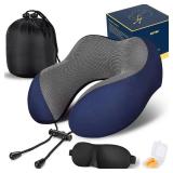 MLVOC Travel Pillow 100% Pure Memory Foam Neck Pillow, Comfortable & Breathable Cover, Machine Washable, Airplane Travel Kit with 3D Contoured Eye Masks, Earplugs, and Luxury Bag, Standard (Blue)