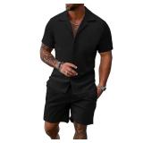 UOUA 2 Piece Short Sets for Men Summer Beach Outfits Stripe Texture Button Down Shirts & Shorts Casual Vacation Set Black XL