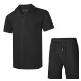 UOUA 2 Piece Short Sets for Men Summer Beach Outfits Stripe Texture Button Down Shirts & Shorts Casual Vacation Set Black XL