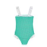LIZENS Girls One Piece Swimwear Checker Print Ruffles Bathing Suit for Kids Size 2-12(LG58G03,10-12T) Green