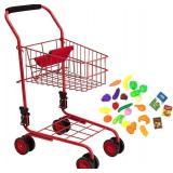 The New York Doll Collection Toy Shopping Cart for Kids and Toddler - Includes Food - Folds for Easy Storage - with Sturdy Metal Frame (Red)